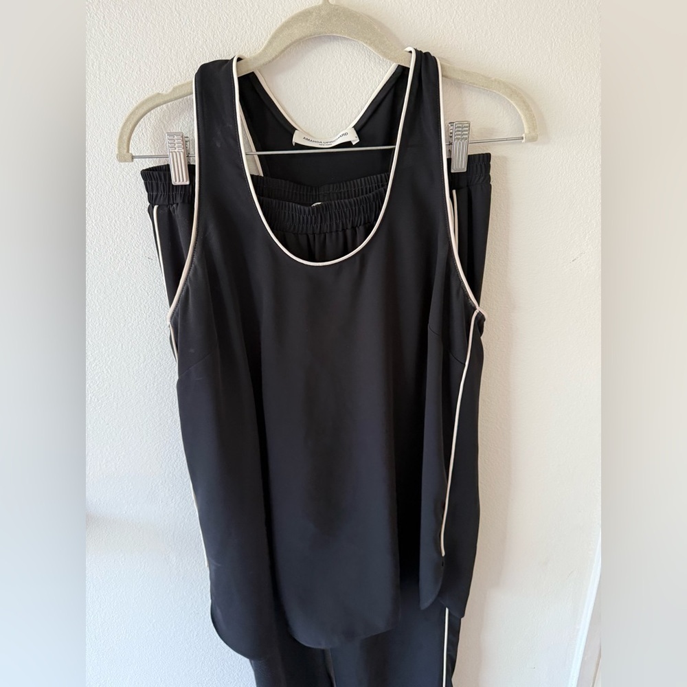 Amanda Uprichard Black Silk Tank Top and Pants with White Piping